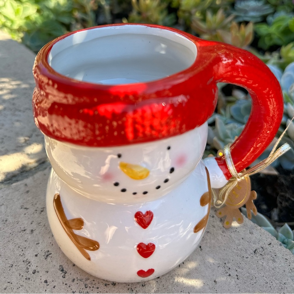 Holly & Joy Christmas Snowman mug heart buttons holiday cocoa bar coffee tea - Picture 2 of 7